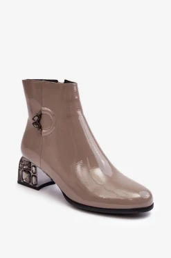 Lakierowane Damskie Botki Na Zdobionym Obcasie D&A MR870-93 Szare