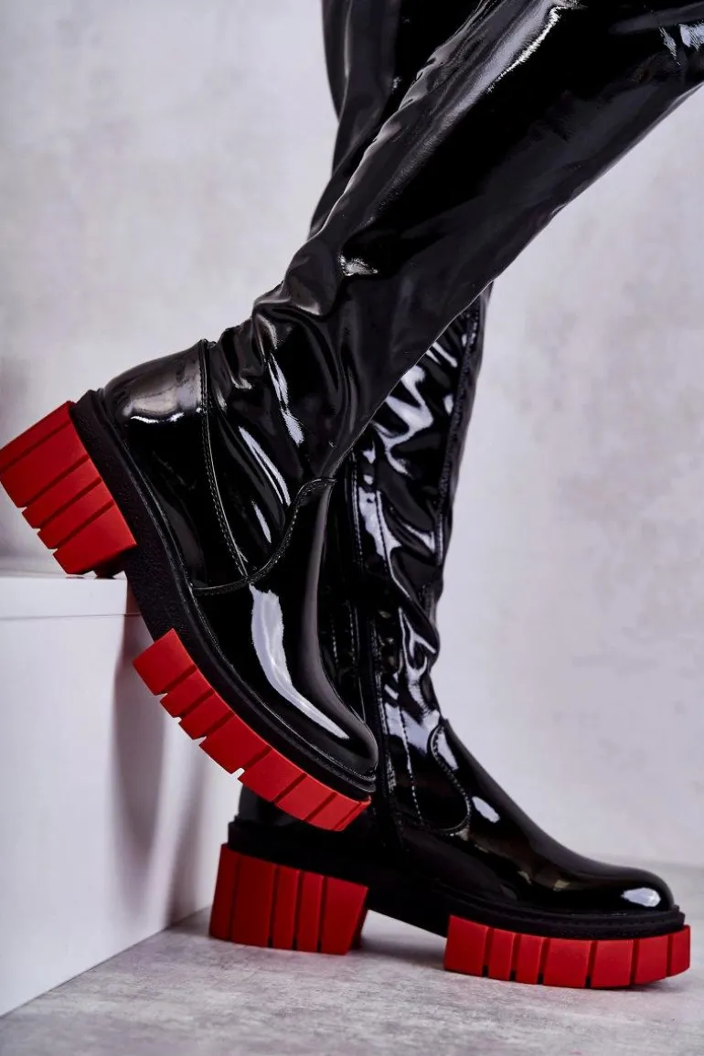 Lakierowane Damskie Kozaki Za Kolano Czarne Callen