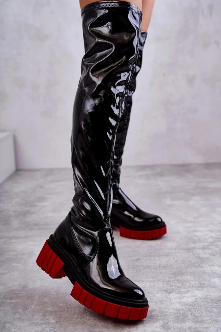 Lakierowane Damskie Kozaki Za Kolano Czarne Callen