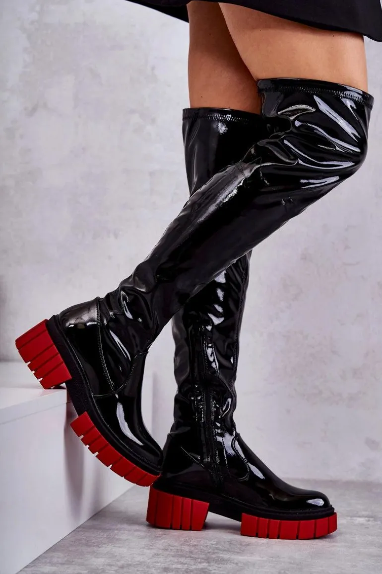 Lakierowane Damskie Kozaki Za Kolano Czarne Callen
