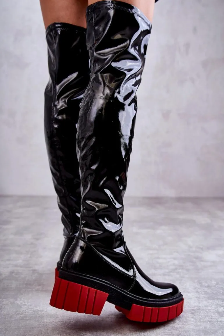 Lakierowane Damskie Kozaki Za Kolano Czarne Callen