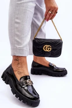 Lakierowane Damskie Mokasyny Czarne Sanvi