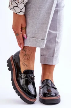 Lakierowane Damskie Mokasyny Na Platformie Z Ozdobą Czarne Jonett