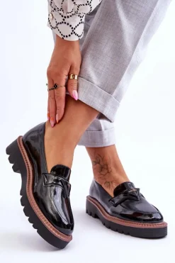 Lakierowane Damskie Mokasyny Na Platformie Z Ozdobą Czarne Jonett