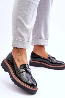 Lakierowane Damskie Mokasyny Na Platformie Z Ozdobą Czarne Jonett