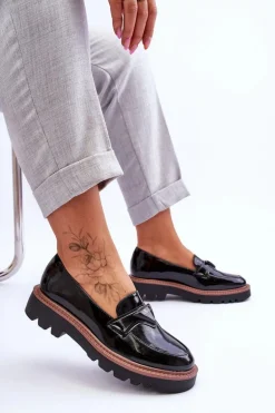 Lakierowane Damskie Mokasyny Na Platformie Z Ozdobą Czarne Jonett