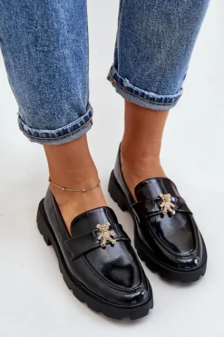 Lakierowane Damskie Mokasyny Z Misiem Czarne Kaithra