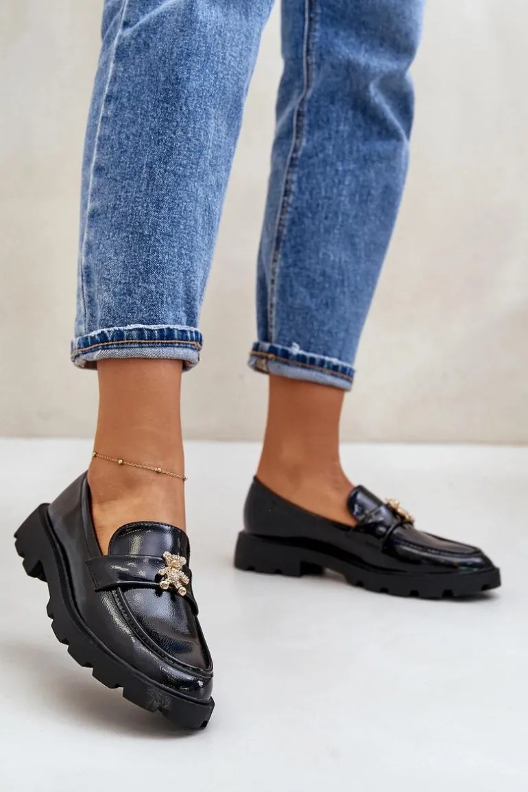 Lakierowane Damskie Mokasyny Z Misiem Czarne Kaithra