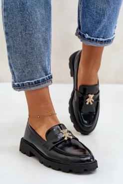 Lakierowane Damskie Mokasyny Z Misiem Czarne Kaithra