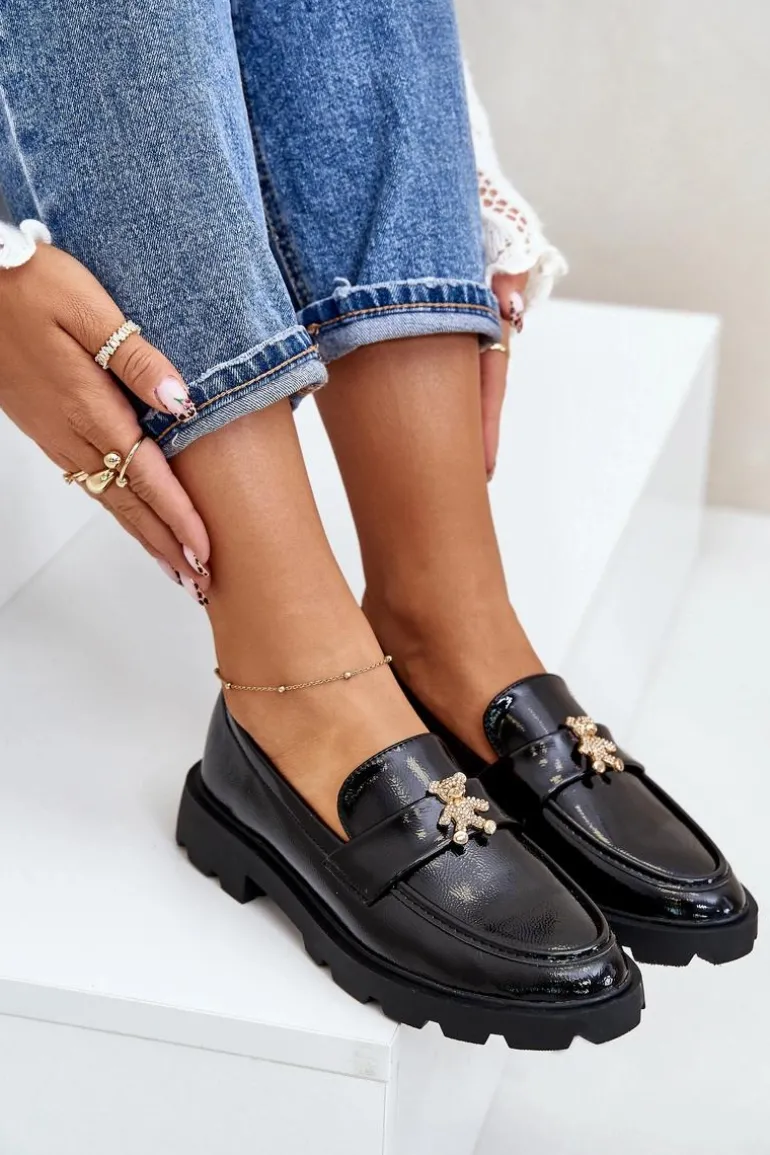 Lakierowane Damskie Mokasyny Z Misiem Czarne Kaithra