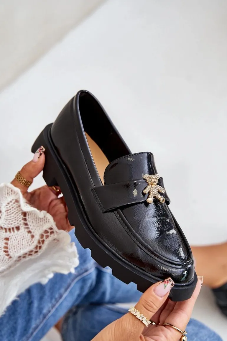 Lakierowane Damskie Mokasyny Z Misiem Czarne Kaithra