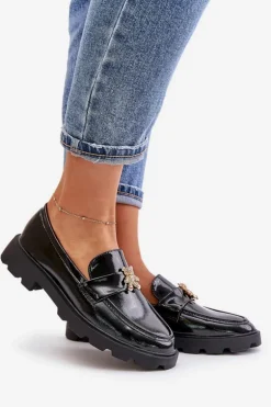 Lakierowane Damskie Mokasyny Z Misiem Czarne Kaithra