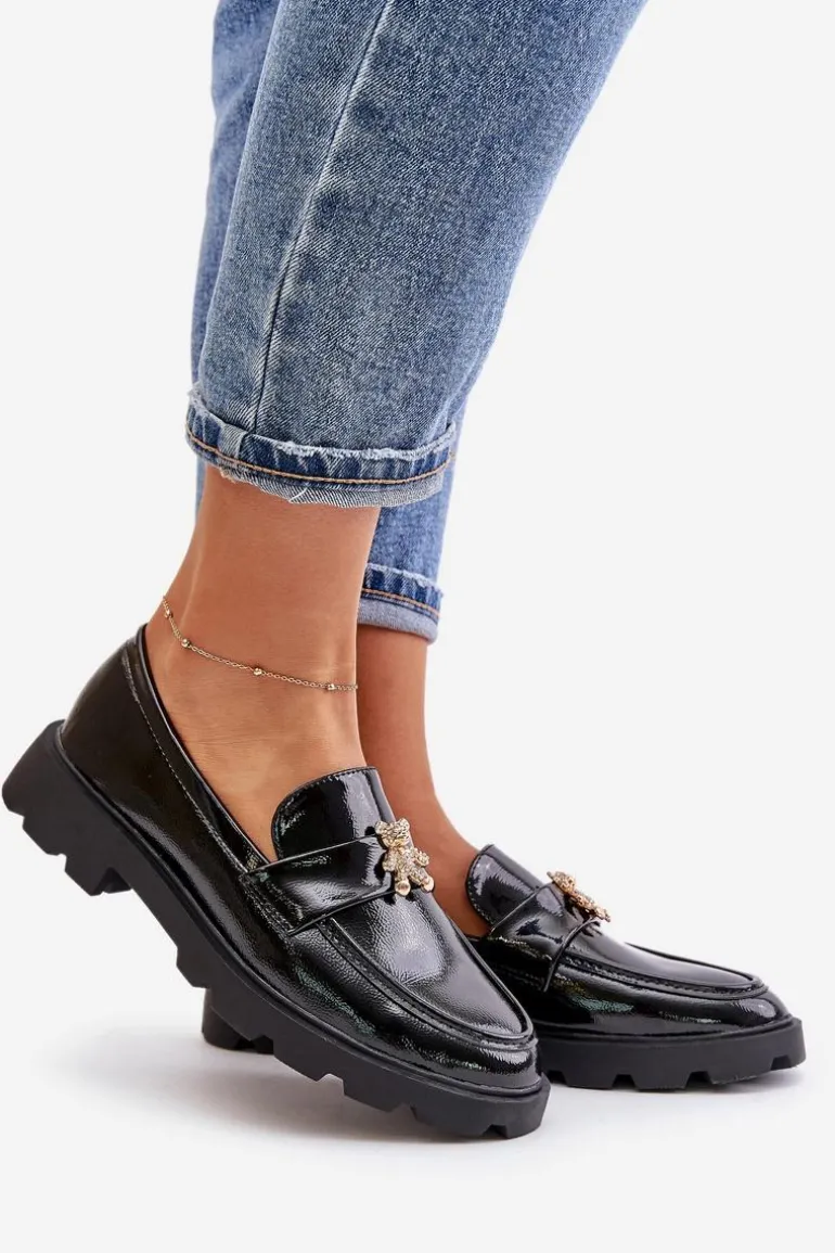 Lakierowane Damskie Mokasyny Z Misiem Czarne Kaithra