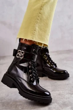 Lakierowane Damskie Ocieplane Botki Z Ozdobą Czarne Hayes