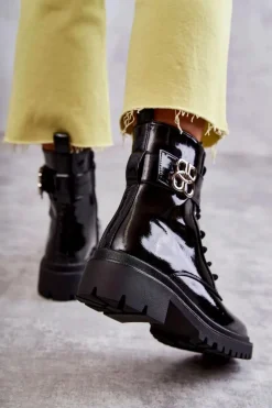 Lakierowane Damskie Ocieplane Botki Z Ozdobą Czarne Hayes