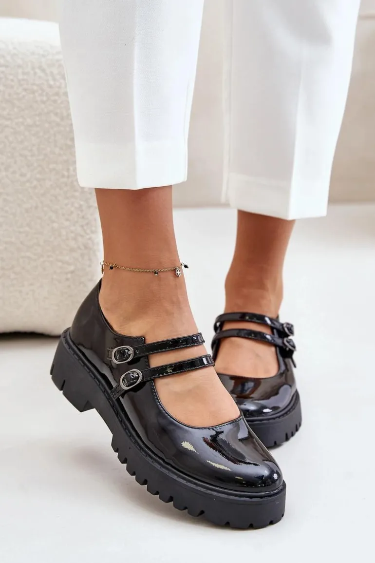 Lakierowane Damskie Półbuty Z Paskami Czarne Rialuna