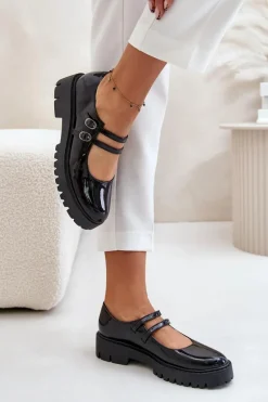 Lakierowane Damskie Półbuty Z Paskami Czarne Rialuna