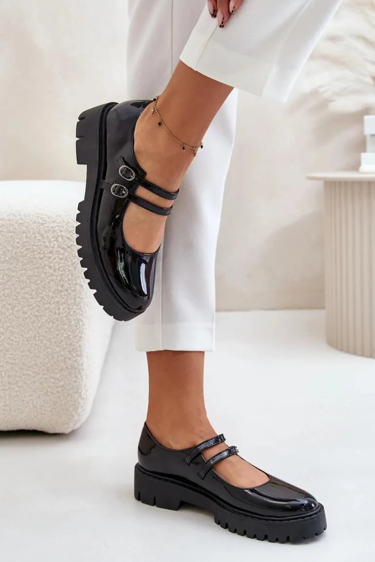 Lakierowane Damskie Półbuty Z Paskami Czarne Rialuna