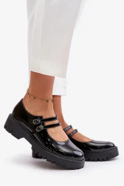 Lakierowane Damskie Półbuty Z Paskami Czarne Rialuna