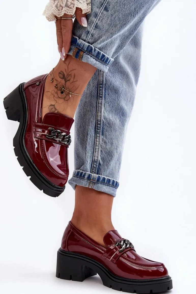 Lakierowane Damskie Półbuty Na Niskim Obcasie Bordowe Blimma