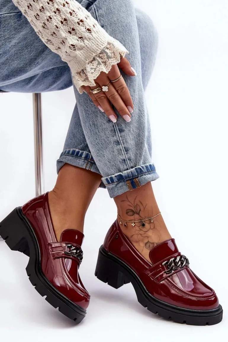Lakierowane Damskie Półbuty Na Niskim Obcasie Bordowe Blimma