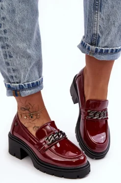 Lakierowane Damskie Półbuty Na Niskim Obcasie Bordowe Blimma