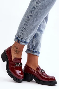 Lakierowane Damskie Półbuty Na Niskim Obcasie Bordowe Blimma