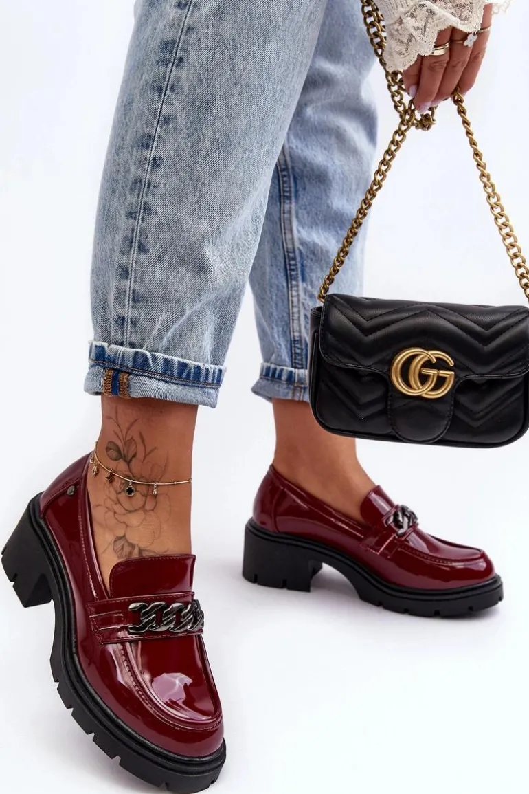 Lakierowane Damskie Półbuty Na Niskim Obcasie Bordowe Blimma