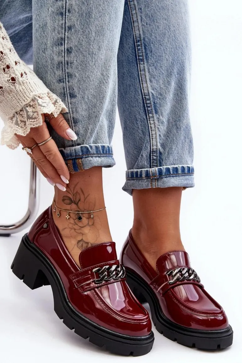 Lakierowane Damskie Półbuty Na Niskim Obcasie Bordowe Blimma