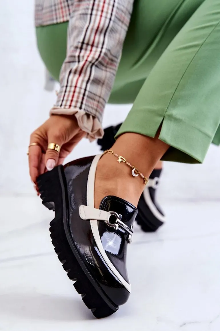 Lakierowane Damskie Półbuty Loafery Czarno-Białe Cassida