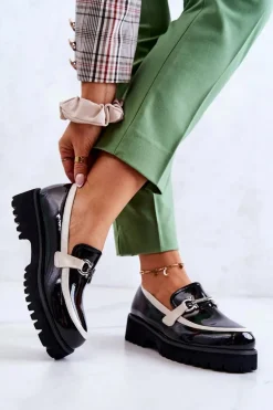 Lakierowane Damskie Półbuty Loafery Czarno-Białe Cassida