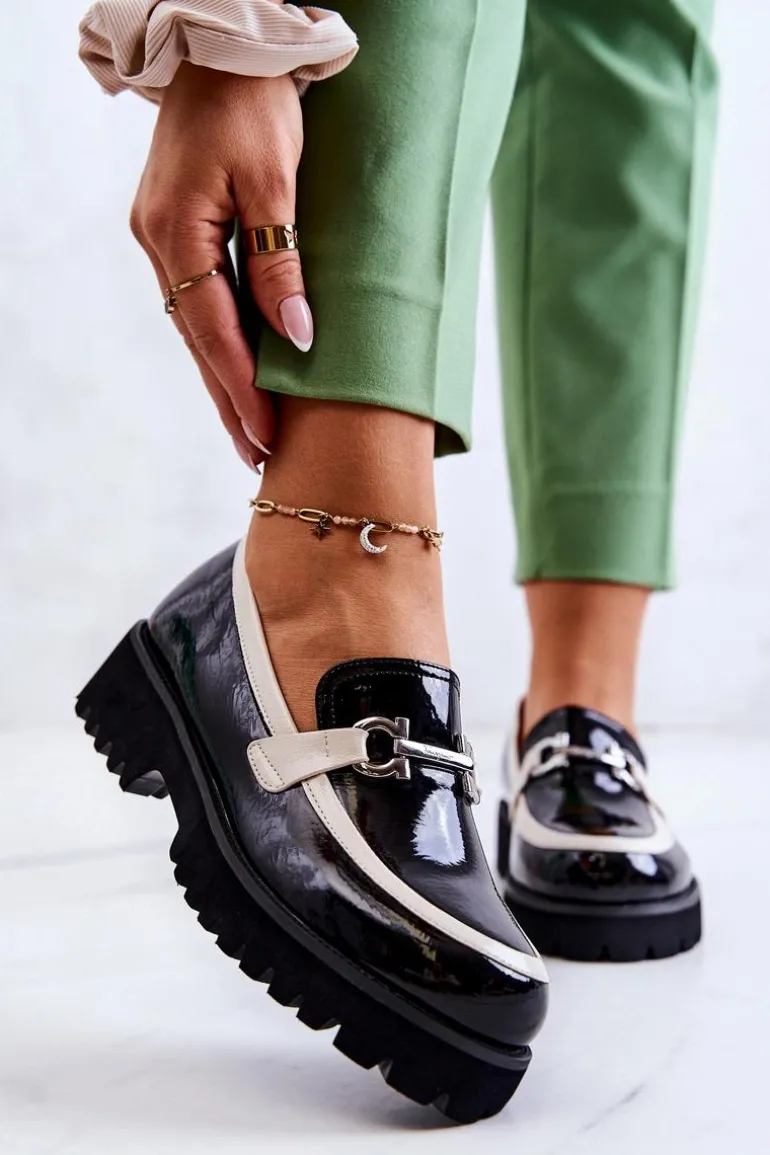 Lakierowane Damskie Półbuty Loafery Czarno-Białe Cassida