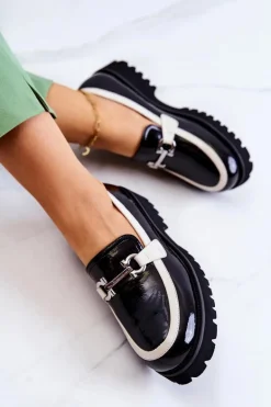 Lakierowane Damskie Półbuty Loafery Czarno-Białe Cassida