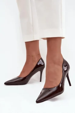 Lakierowane Eko Skórzane Szpilki Damskie Ze Szpiczastymi Noskami Czekoladowe Jadira