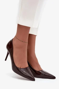 Lakierowane Eko Skórzane Szpilki Damskie Ze Szpiczastymi Noskami Czekoladowe Jadira