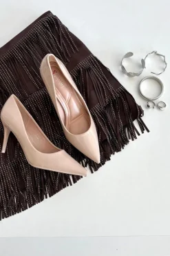 Lakierowane Eko Skórzane Szpilki Damskie Ze Szpiczastymi Noskami Beżowe Jadira