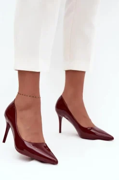 Lakierowane Eko Skórzane Szpilki Damskie Ze Szpiczastymi Noskami Bordowe Jadira