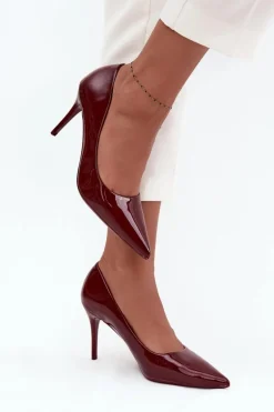 Lakierowane Eko Skórzane Szpilki Damskie Ze Szpiczastymi Noskami Bordowe Jadira