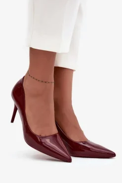Lakierowane Eko Skórzane Szpilki Damskie Ze Szpiczastymi Noskami Bordowe Jadira