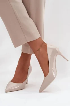 Lakierowane Eko Skórzane Szpilki Damskie Ze Szpiczastymi Noskami Jasnobeżowe Jadira