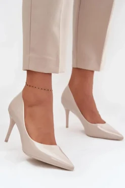 Lakierowane Eko Skórzane Szpilki Damskie Ze Szpiczastymi Noskami Jasnobeżowe Jadira