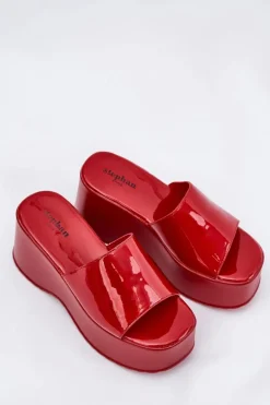Lakierowane Klapki Damskie Na Platformie I Koturnie Czerwone Nellevia