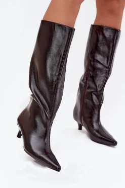 Lakierowane Kozaki Damskie Na Niskim Obcasie Bordowe Mireva