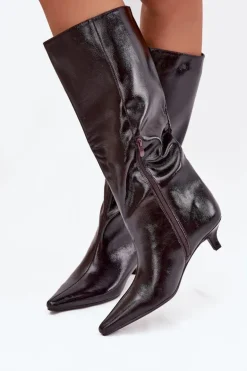 Lakierowane Kozaki Damskie Na Niskim Obcasie Bordowe Mireva