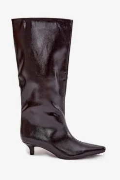 Lakierowane Kozaki Damskie Na Niskim Obcasie Bordowe Mireva