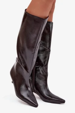 Lakierowane Kozaki Damskie Na Niskim Obcasie Bordowe Mireva