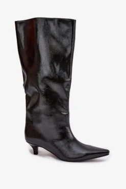 Lakierowane Kozaki Damskie Na Niskim Obcasie Czarne Mireva