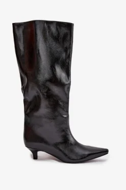 Lakierowane Kozaki Damskie Na Niskim Obcasie Czarne Mireva