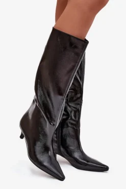 Lakierowane Kozaki Damskie Na Niskim Obcasie Czarne Mireva