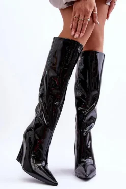 Lakierowane Kozaki Na Koturnie Czarne Delinn